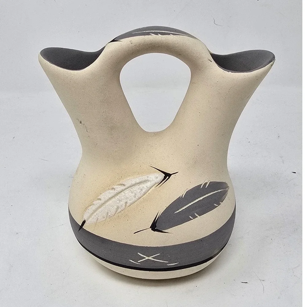 Native American Style wedding vase hand painted feather arrow ceramic pottery